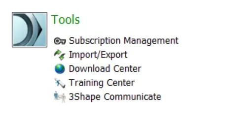 Control Panel de 3Shape : menu Tools, Import/Export, où l’on importe la bibliothèque .dme DACOS