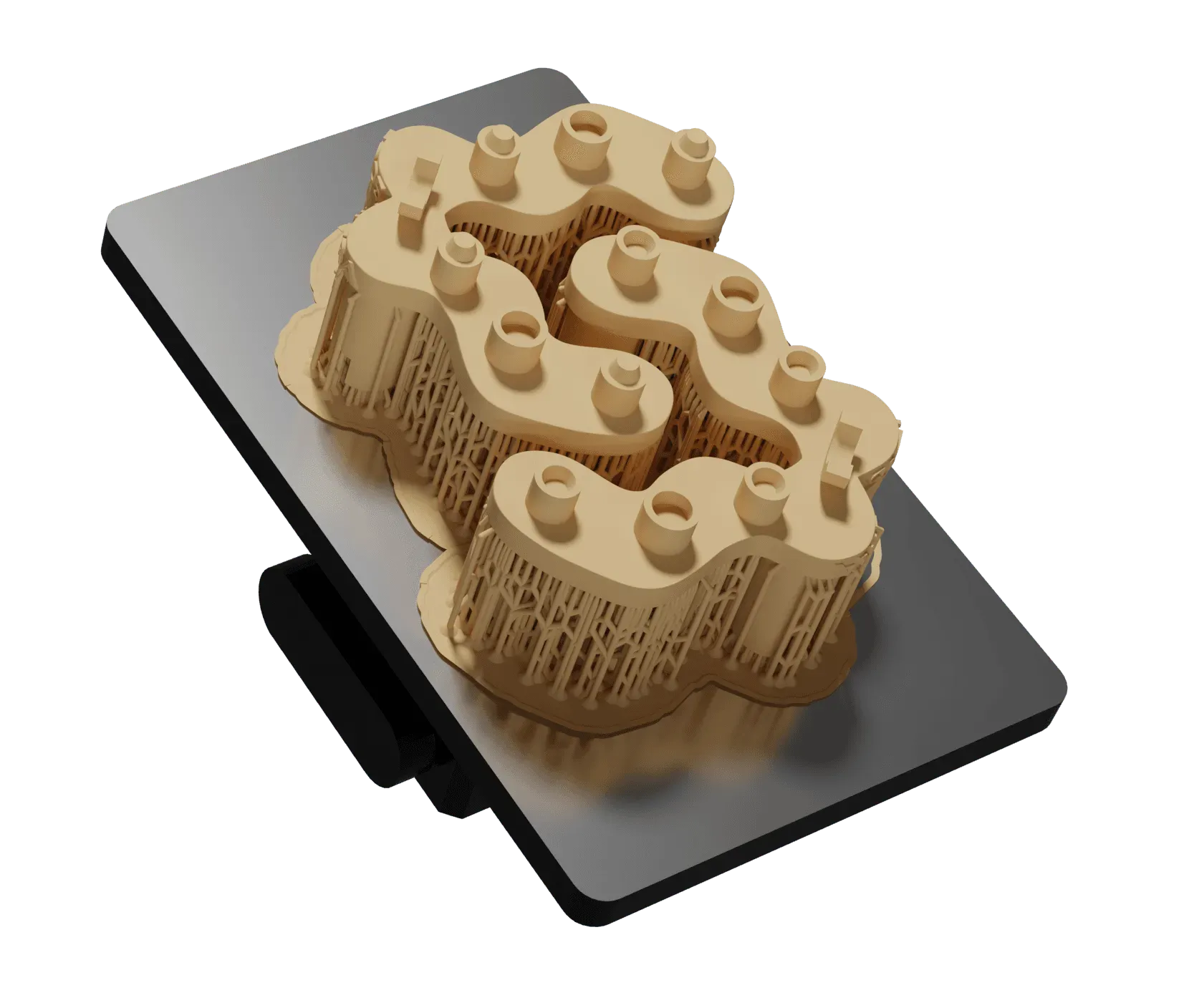 The two halves of the TrueZero™ calibrator printed on a build plate, standing on their supports