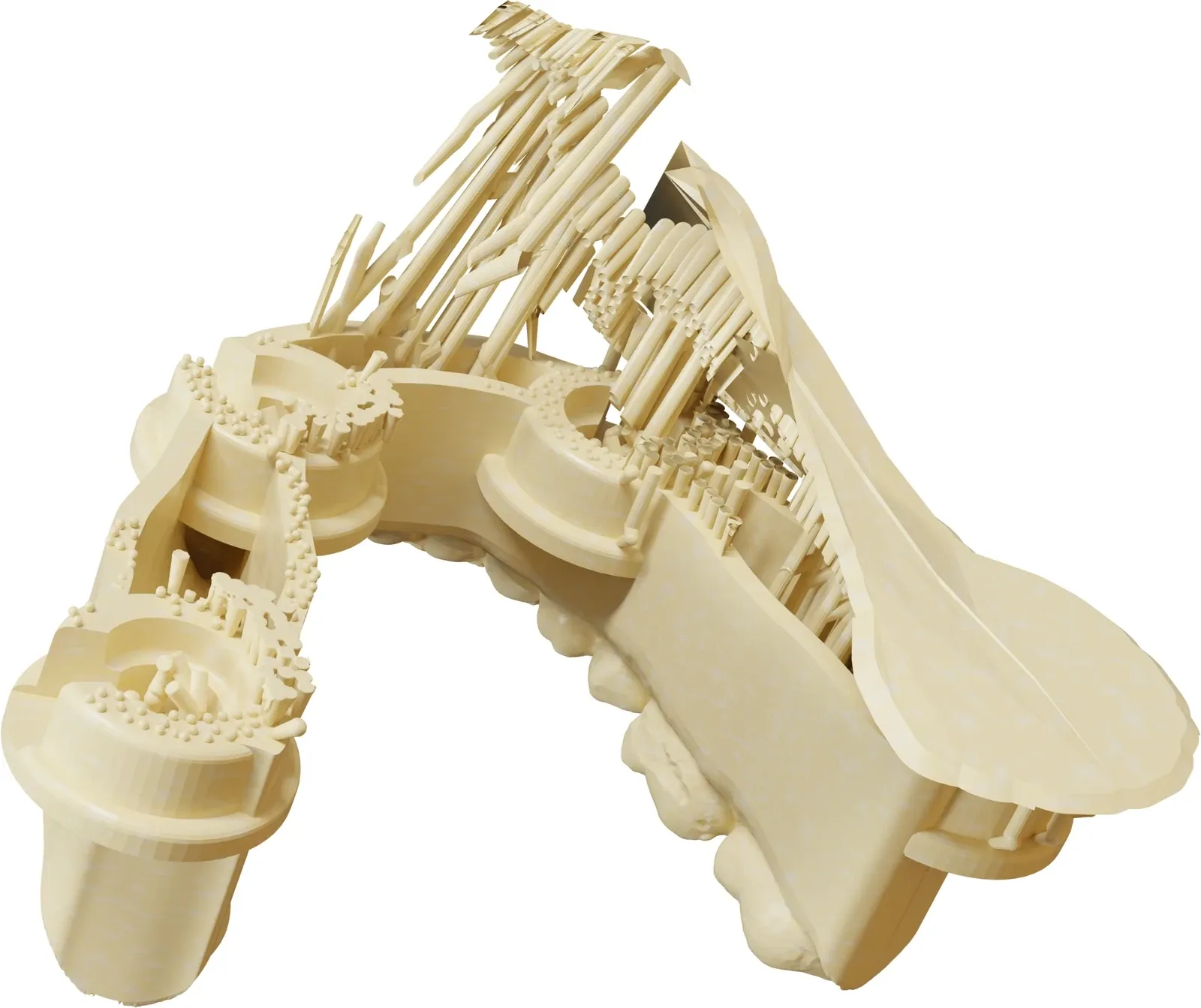 A printed dental arch still on the build supports, with dense support pillars crowding the sides of a tall base