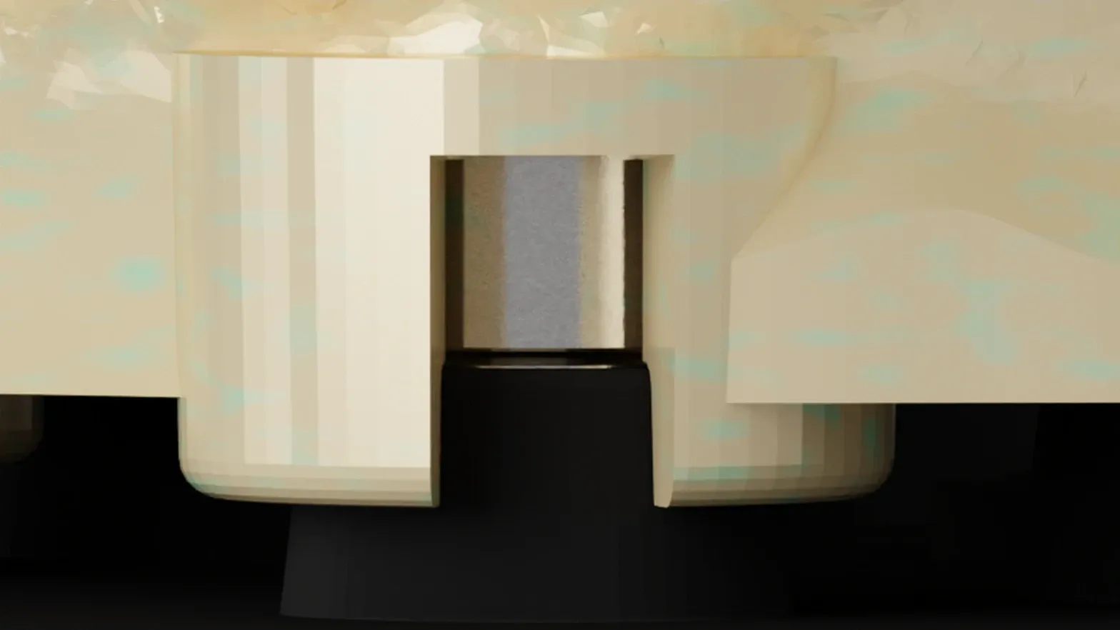 Cross-section of a printed model base seated on a plate: the magnet sits in a two-step blind cavity, and the seating surface stands clear of the plate edge