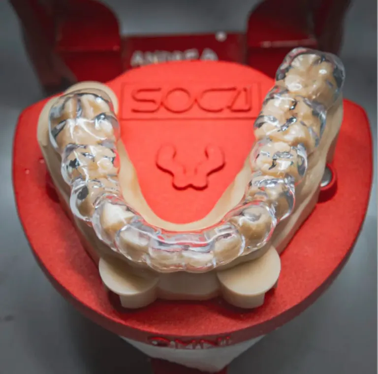Printed splint on a red DACOS Omni plate