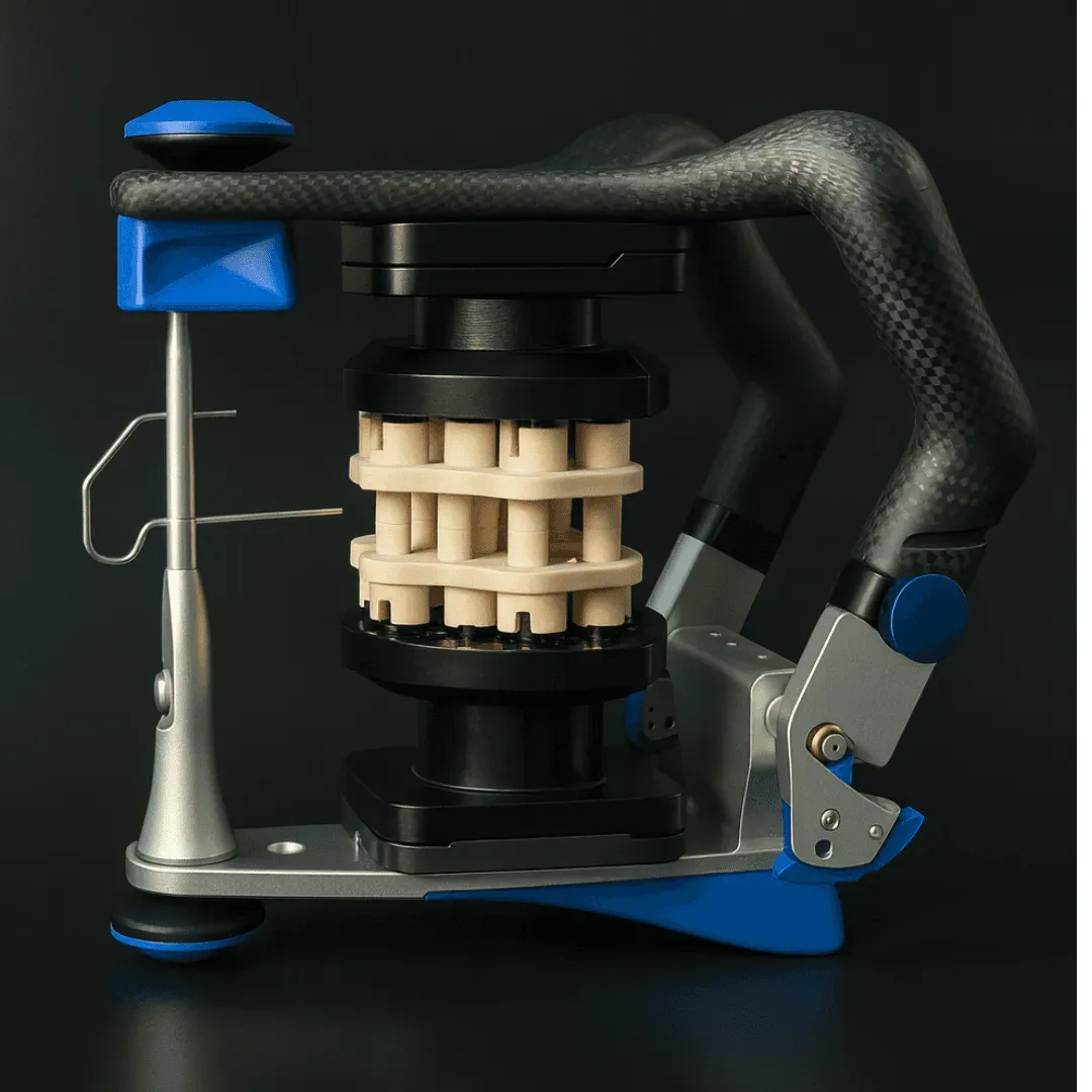 The assembled TrueZero™ calibrator closed between the upper and lower plates of an articulator