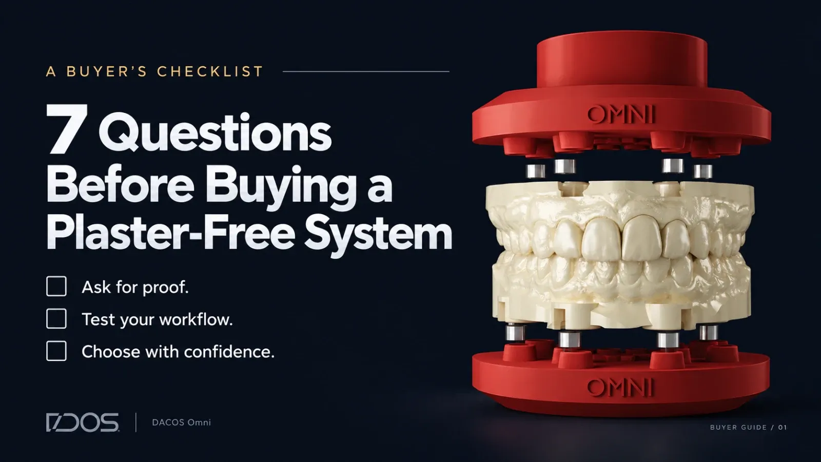 Buyer's checklist cover: a printed full-arch model held between two red DACOS Omni plates, next to the title 7 Questions Before Buying a Plaster-Free System
