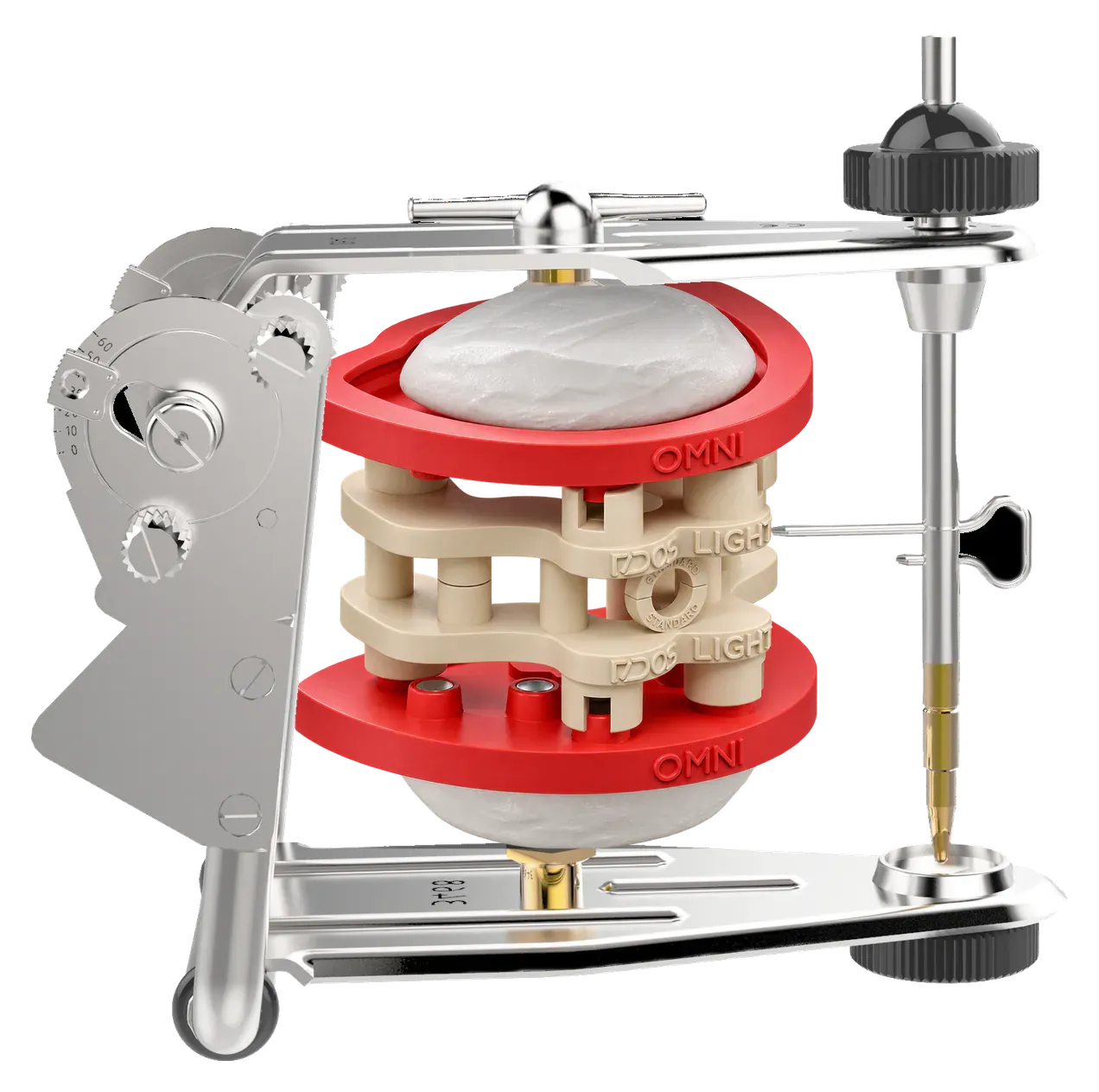 Illustration : articulateur Gerber Condylator Individual avec DACOS Omni Flex et le calibrateur montés entre ses deux branches