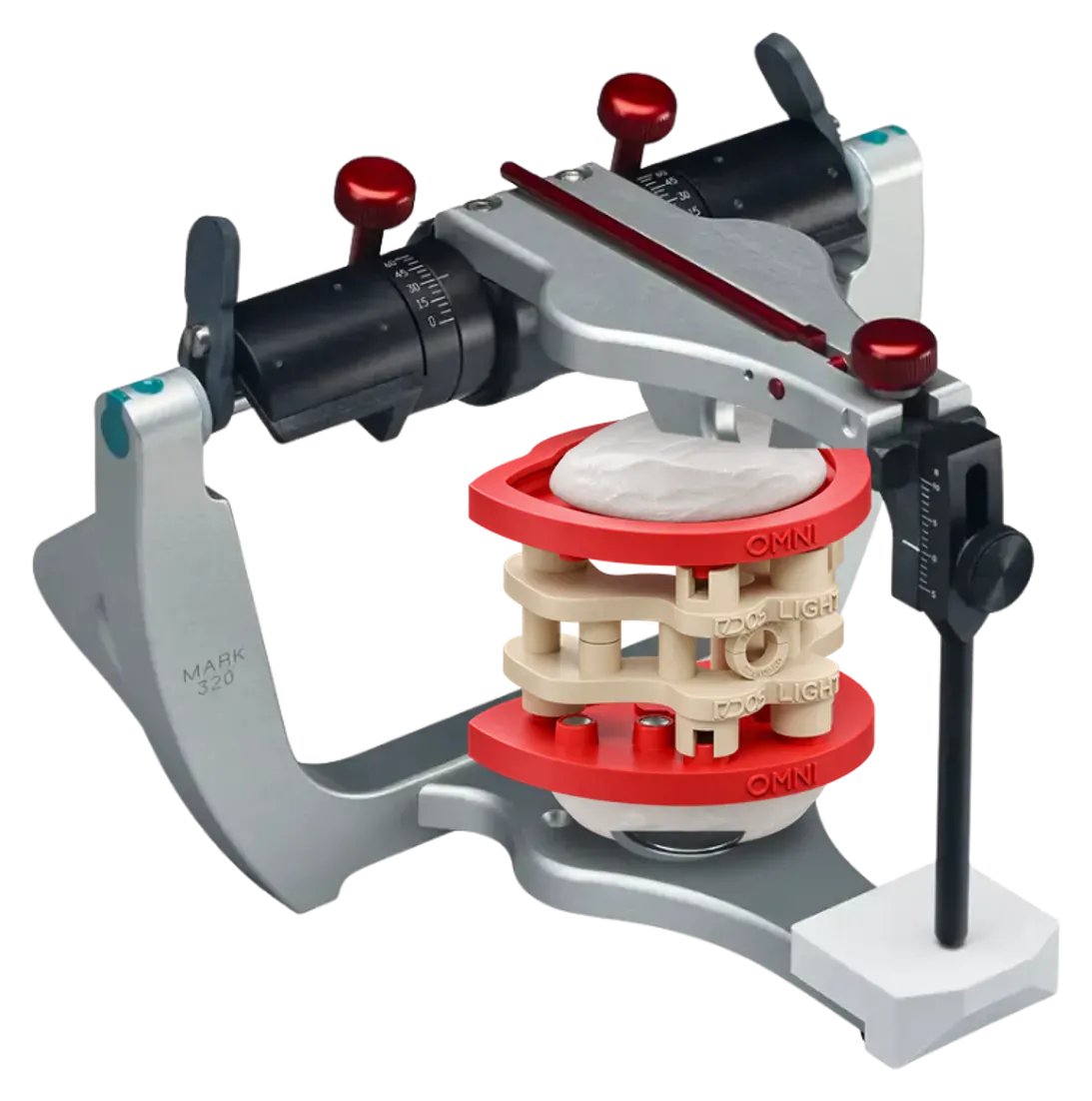 Illustration : articulateur Denar Mark 320 avec DACOS Omni Flex et le calibrateur montés entre ses deux branches