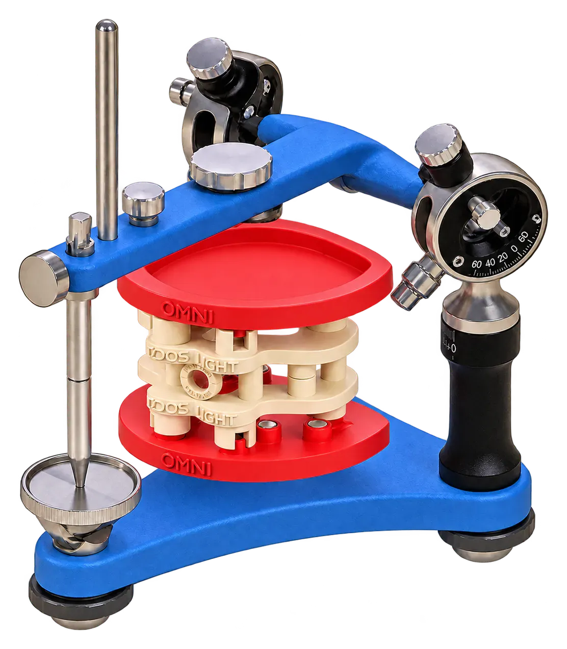 Illustration : articulateur Dentatus ARH2 avec DACOS Omni Flex et le calibrateur montés entre ses deux branches