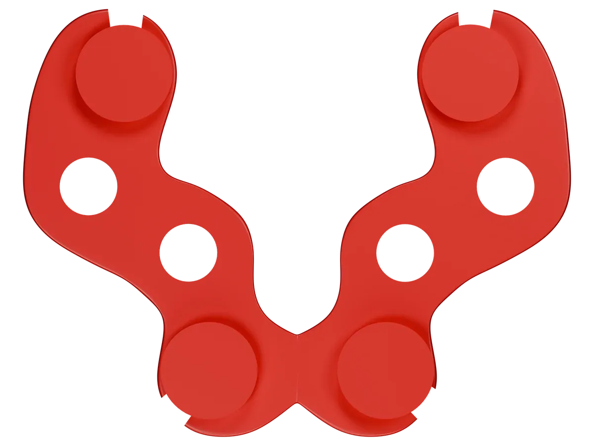 Rendu CAO du Frame DACOS rouge pour un modèle inférieur, vu de dessus : quatre logements reliés par une barre de renfort.