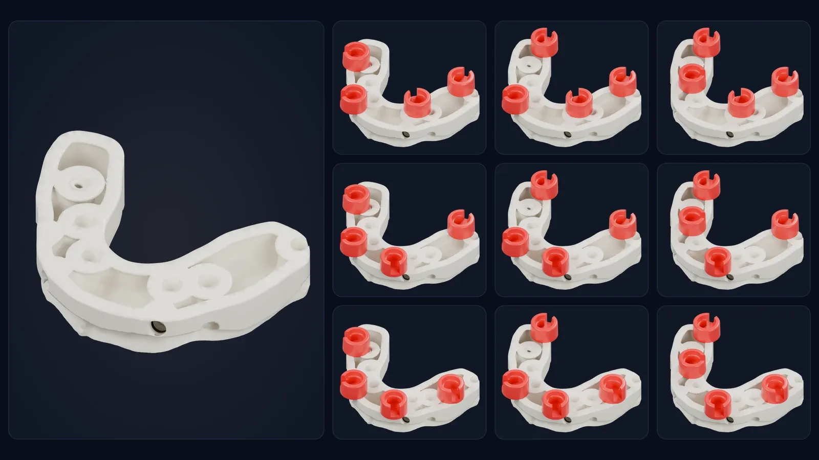 Grille de dix rendus d'un modèle sur implants vu depuis la base : à gauche, en grand, le modèle seul, et dans un bloc de trois sur trois le même modèle avec les quatre logements DACOS rouges de chaque combinaison DockingMatrix™, de DAC4-1 à DAC4-9