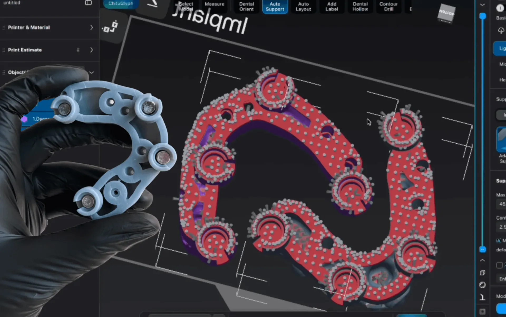 A printed arch with ShieldBase™ seats held in front of the slicer, where the same model lies flat with supports under the base