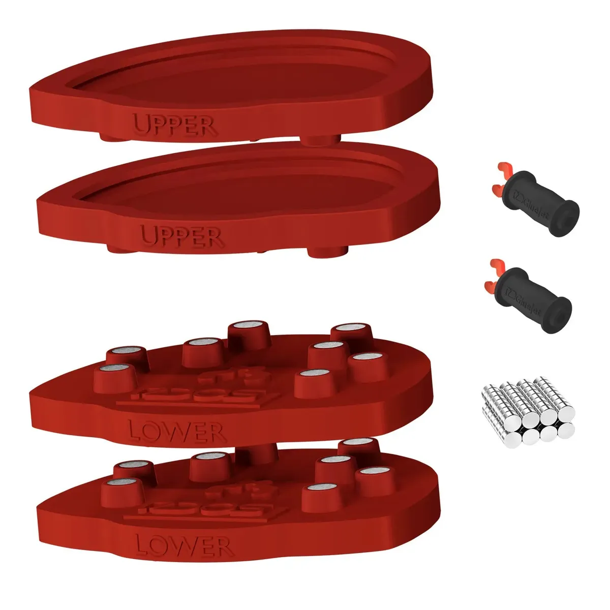 Contenu du kit DACOS Omni Flex disposé à plat : plaques Flex, outils Omni GlueJet et aimants GripMag™ 50