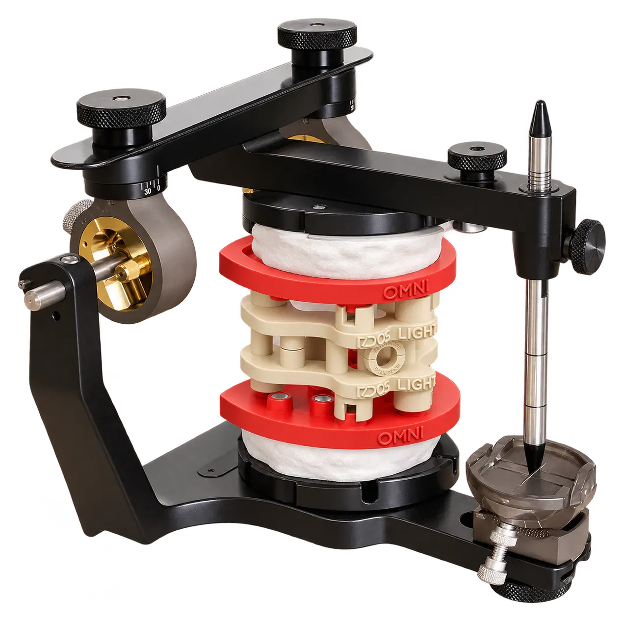Illustration : articulateur Hanau Wide-Vue avec DACOS Omni Flex et le calibrateur montés entre ses deux branches