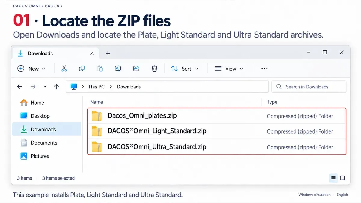 Guide d’installation du hub, étape 1 : les fichiers ZIP de la bibliothèque DACOS extraits, jamais copiés en tant qu’archives
