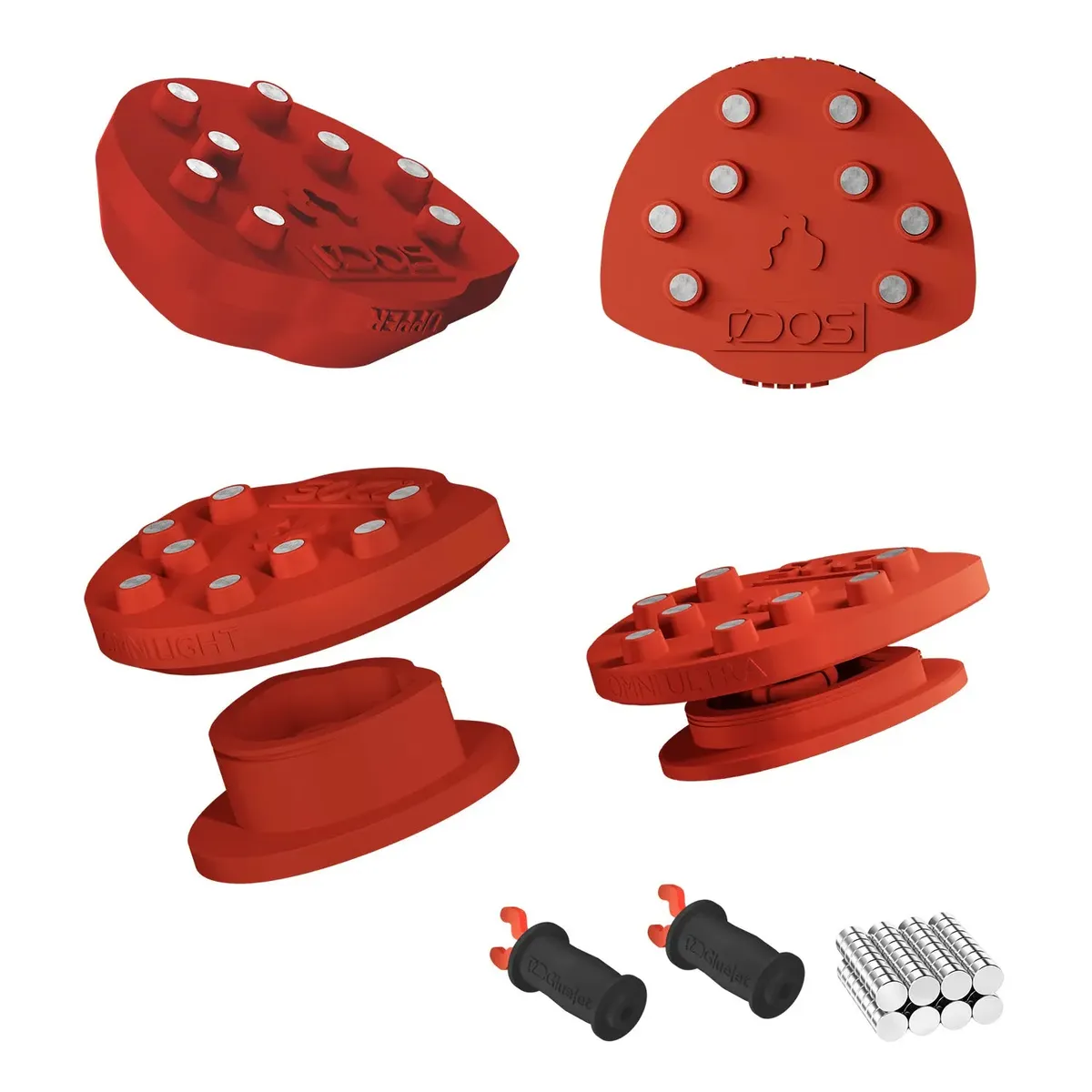 Contenu du kit DACOS Omni ASA disposé à plat : plaques, outils Omni GlueJet et aimants GripMag™ 50