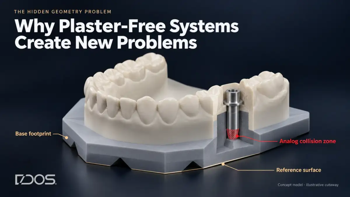 Cutaway of a printed dental model on a bulky plaster-free base, with an implant analog running into the base footprint