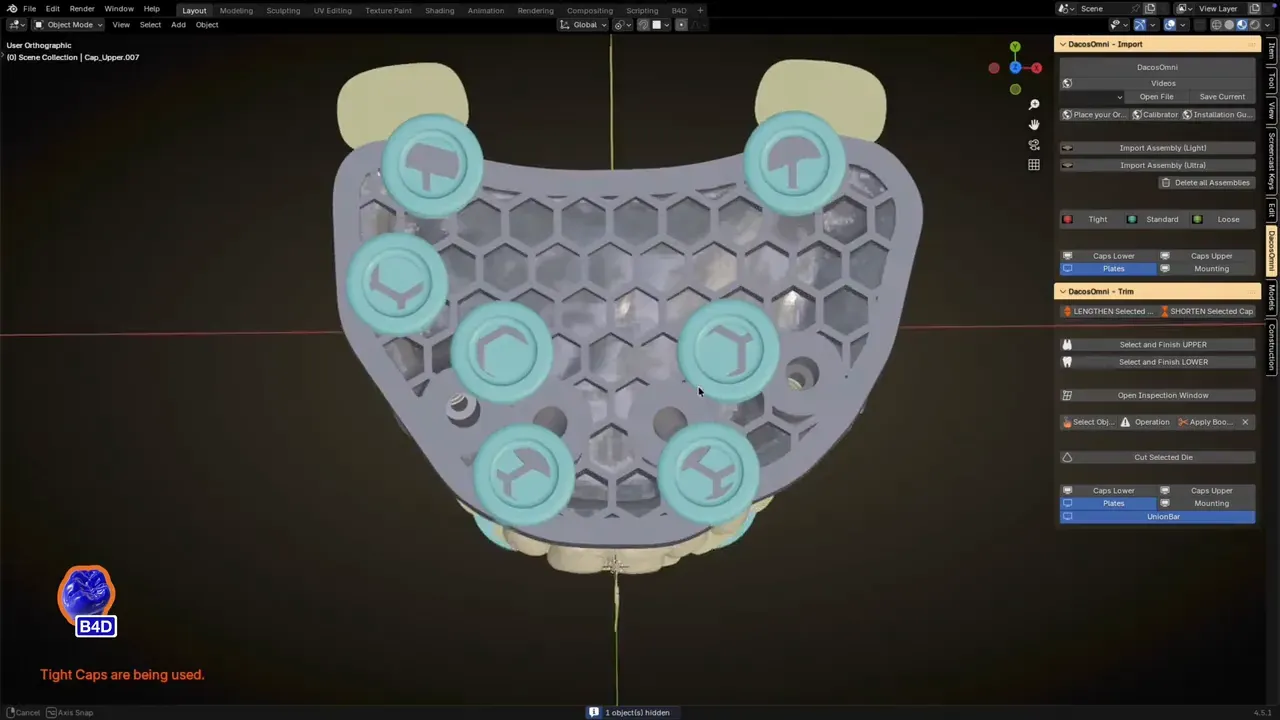 Séquence Attachements : la plaque vue de dessous avec les attachements gardés pour le cas sur le socle en nid d’abeille.