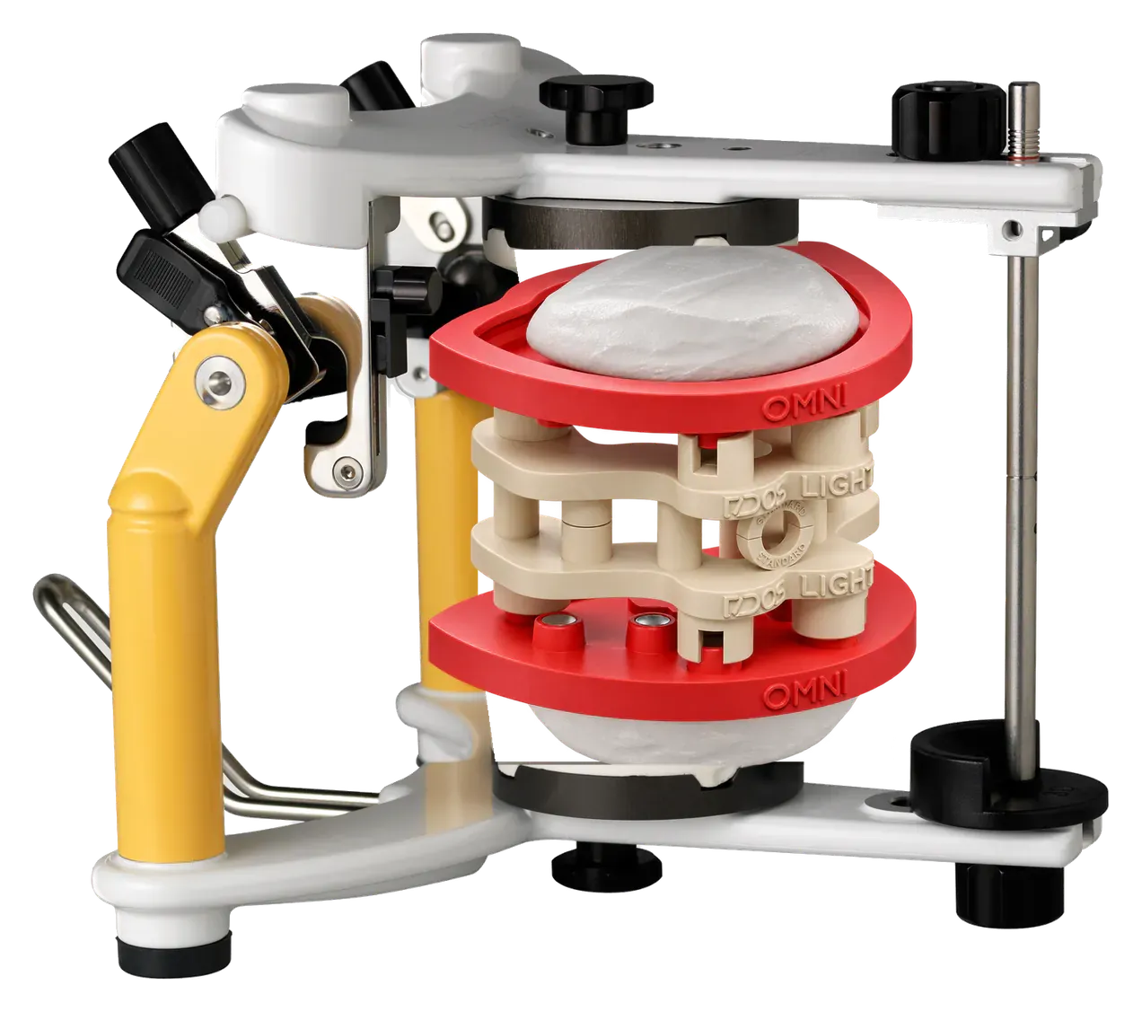 Illustration : articulateur Ivoclar Stratos 200 avec DACOS Omni Flex et le calibrateur montés entre ses deux branches