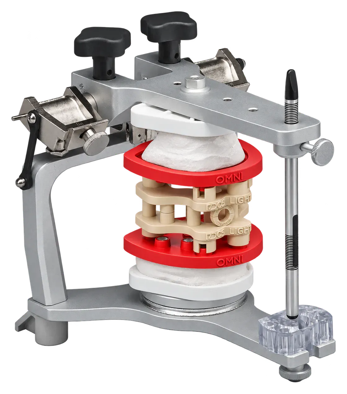 Illustration : articulateur Whip Mix 2240Q avec DACOS Omni Flex et le calibrateur montés entre ses deux branches